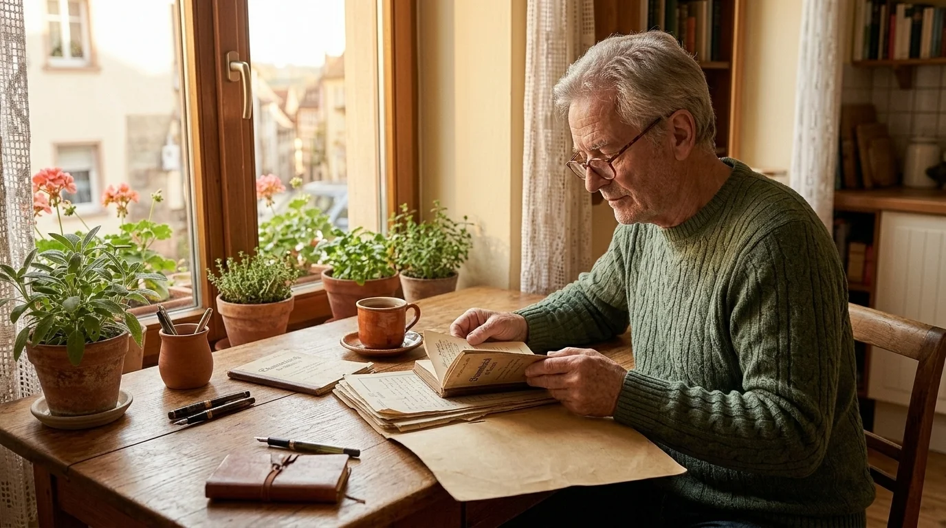 Ein Senior sitzt am Schreibtisch und sieht in Ruhe seine Unterlagen durch